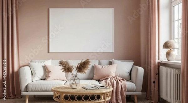 Obraz Elegant Living Room Interior with Neutral Sofa, Pampas Grass, and Blank Frame