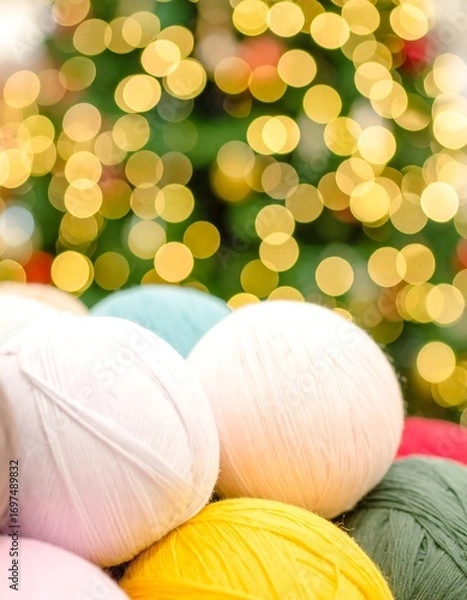 Fototapeta Colorful yarn balls in front of a blurred Christmas tree
