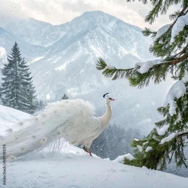 Fototapeta A white peacock spreading its feathers against the backdrop of snowy mountains and pine trees.