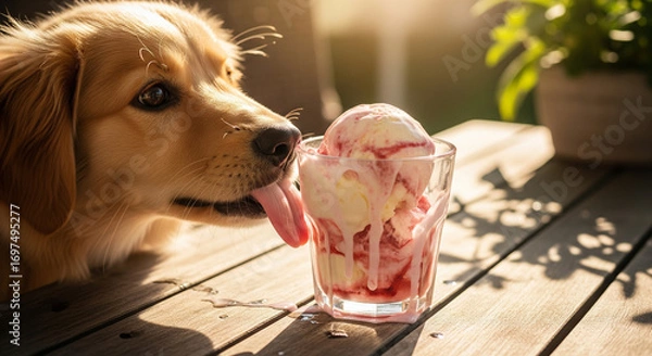 Obraz Melting Ice Cream in Glass Cup with Puppy Licking on Porch Table