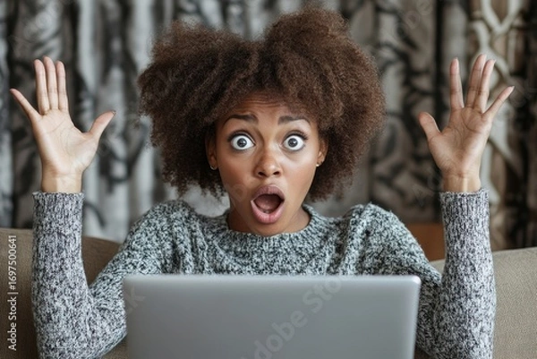Obraz Worried and shocked young African American woman sitting on the sofa at home, holding a laptop, looking at the camera in surprise, and spreading her arms in disbelief, Generative AI