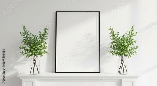 Obraz Minimalist Black Frame Mockup with Greenery on White Mantelpiece, Soft Shadows