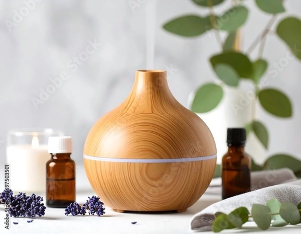 Obraz Wooden diffuser with essential oils and candles