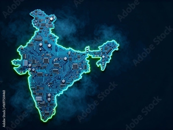 Fototapeta High-tech map of India made from a computer motherboard with glowing neon lights and microchips
