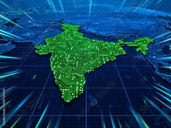 Fototapeta Digital India concept with a glowing green circuit board map over a futuristic data grid