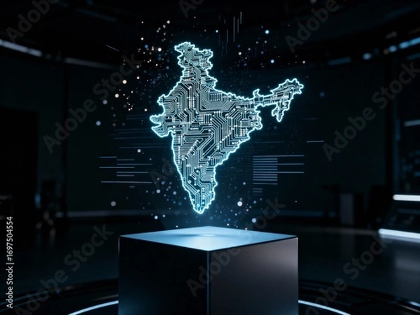 Fototapeta Futuristic holographic projection of India's map with digital circuit board technology