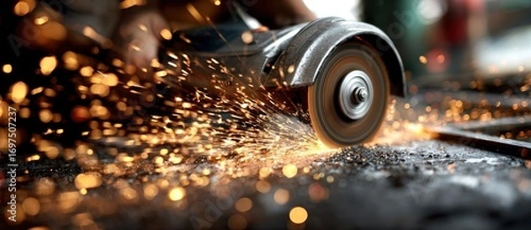 Obraz An angle grinder cutting metal, creating sparks in a workshop with dark, gritty surfaces. Operator visible but blurred, focused on the process