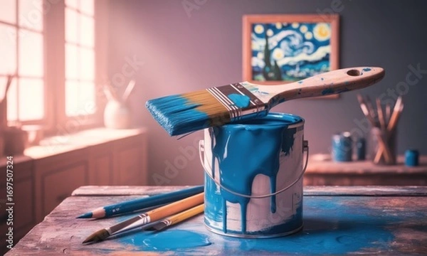 Fototapeta Blue paint can, brush, and art supplies on a table in a studio.  Sunlight streams through a window.  A reproduction of a famous painting is visible on the wall
