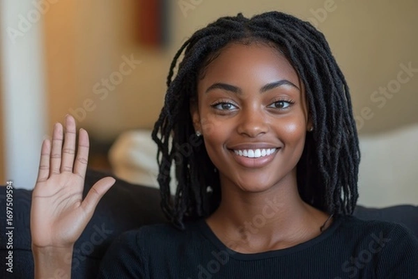 Obraz Portrait of smiling young African American woman sitting on the couch at home, greeting and waving to the camera, sharing a positive and energetic vibe, Generative AI