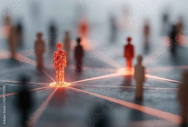 Fototapeta Conceptual network. Red figure stands out amongst blurred crowd, connected by bright lines