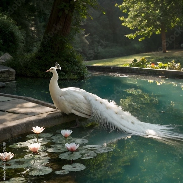 Fototapeta A white peacock resting beside a crystal-clear pond with lotus flowers floating.