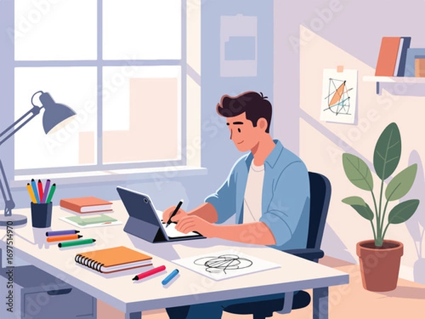 Fototapeta Flat Design of Creative Worker in Modern Office Using Digital Tablet - Flat 2D Vector Illustration