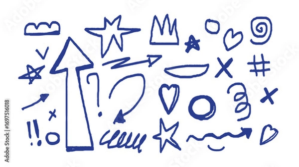 Obraz Childish hand drawn doodle elements set. Arrows, stars, hearts, symbols, sketch icons in minimalist style. Funky design vector elements. 