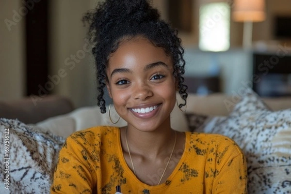 Obraz Portrait of young African American man sitting on the sofa at home, holding the air conditioner remote control with a smile on his face, showing a positive gesture of approval, Generative AI