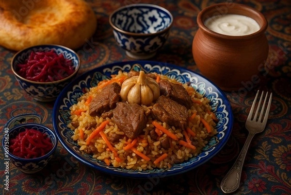 Fototapeta Hearty uzbek plov a delicious rice dish with meat vegetables and spices a culinary delight