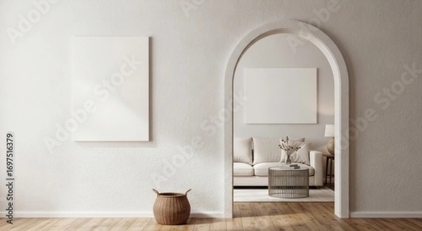 Obraz Minimalist Interior with Archway, Blank Canvas, and Woven Basket in Soft Light