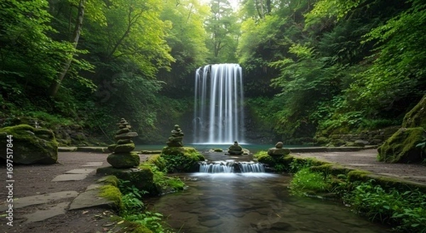 Fototapeta Serene Sanctuary: Silky Waterfall and Zen Cairns in a Lush Japanese Forest