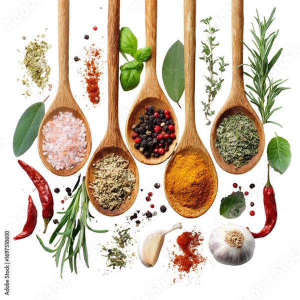 Obraz Wooden spoons filled with various spices and herbs (3)