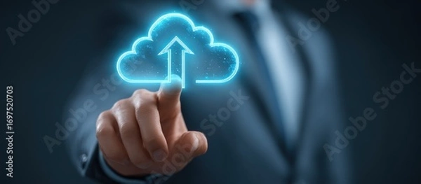 Obraz Man in suit touches a glowing, neon cloud with an upward-pointing arrow. Dark, professional background