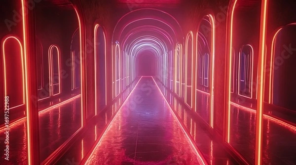 Fototapeta Neon light tunnel abstract background futuristic architecture glowing corridor interior perspective view 3d