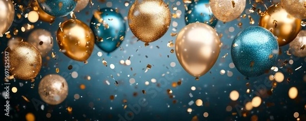 Fototapeta Holiday background with golden and blue metallic balloons, confetti and ribbons. Festive card for birthday party, anniversary, new year, christmas or other events. Created with, Generative AI