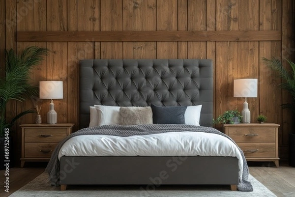 Fototapeta Bedside drawer nightstand and lamp near bed with grey fabric headboard against wood paneling wall. Farmhouse interior design of modern bedroom, Generative AI