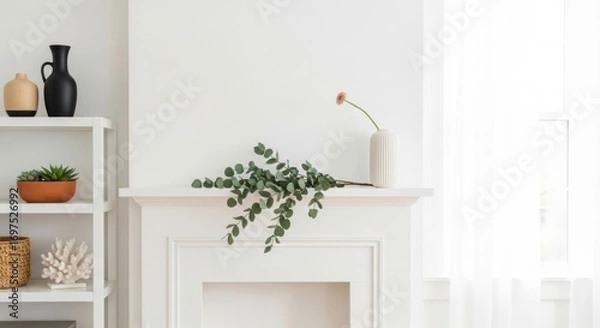 Obraz Minimalist Interior with Eucalyptus, Flower, and Decorative Objects on White Shelves