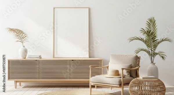 Obraz Minimalist Interior with Wooden Accents, Neutral Tones, and Blank Frame Mockup