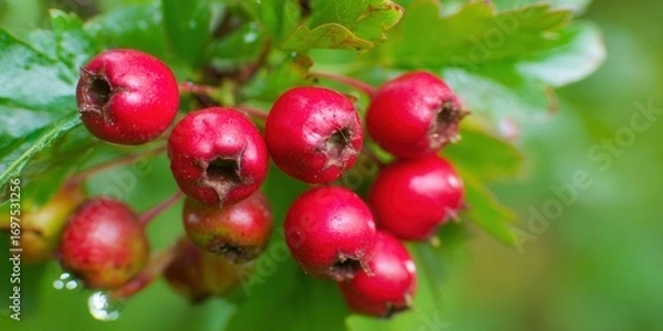 Fototapeta Bright red hawthorn berries with lush green leaves in a close-up view, showcasing nature's vibrant colors.