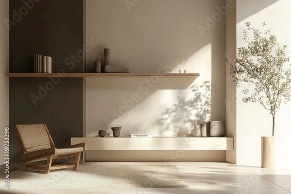 Fototapeta Shelving unit and console table near dark wall. Scandinavian style interior design of modern living room with wooden chair. Created with, Generative AI