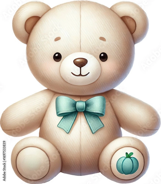 Obraz Adorable cream teddy bear with teal bow and pumpkin patch
