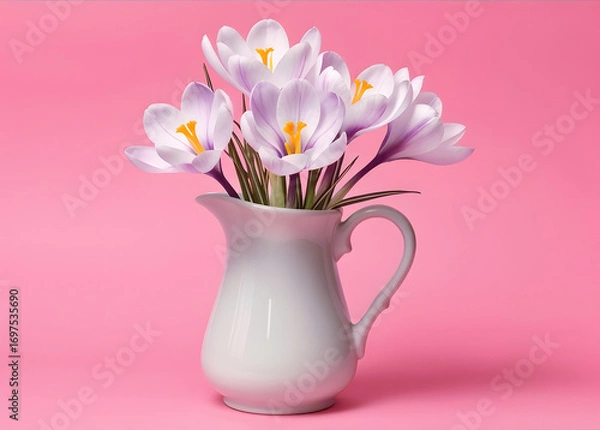 Fototapeta A white pitcher holds a bouquet of purple and white crocuses against a pink background. The composition is clean and well-lit.