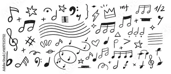 Fototapeta Music notes hand drawn doodle vector illustration set. Freehand sketch melody symbol elements.