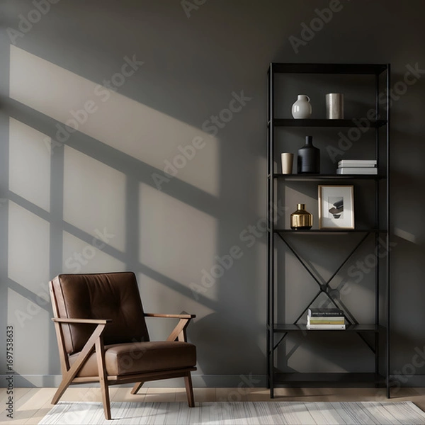 Fototapeta a modern living room setup with a brown leather armchair, a black bookshelf, and a grey wall with window shadows. The bookshelf is decorated with various decorative items.