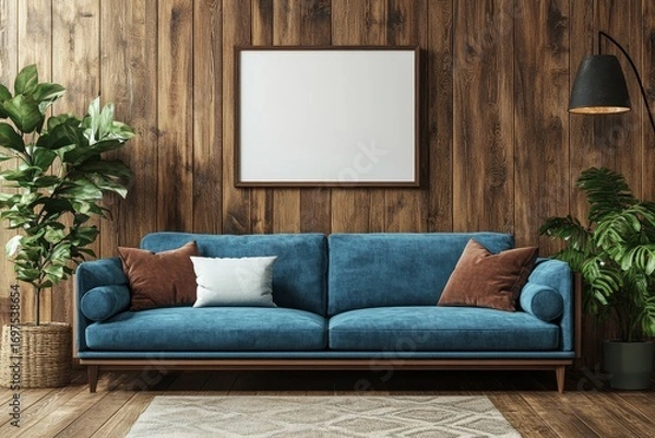 Fototapeta Turquoise fabric sofa and wall mounted cabinets against wood lining wall with blank mock up poster frame. Mid-century, vintage, retro style home interior design of modern living room, Generative AI