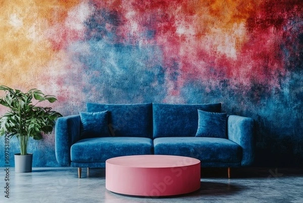 Fototapeta Blue sofa and round pink coffee table against multicolored stucco wall with copy space. Colorful, playful pop art style home interior design of modern living room, Generative AI