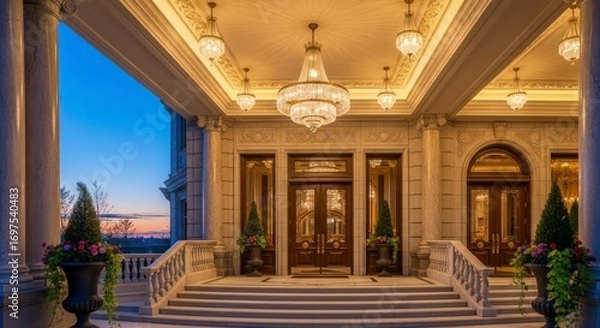 Fototapeta Elegant hotel entrance with grand architecture and design.