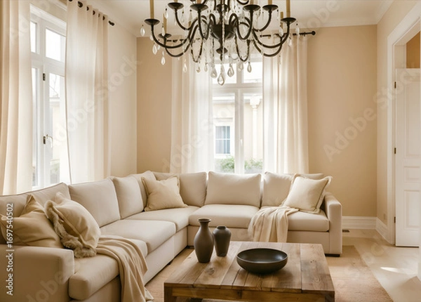 Fototapeta a cozy living room with a large sectional sofa, a wooden coffee table, and a chandelier. The room is decorated in neutral tones with large windows and soft curtains.
