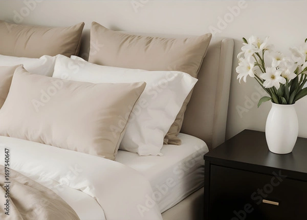 Fototapeta a neatly made bed with beige and white pillows and bedding. A vase of white flowers sits on a black nightstand next to the bed.
