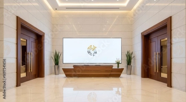 Fototapeta Elegant lobby with wooden doors and reception desk.