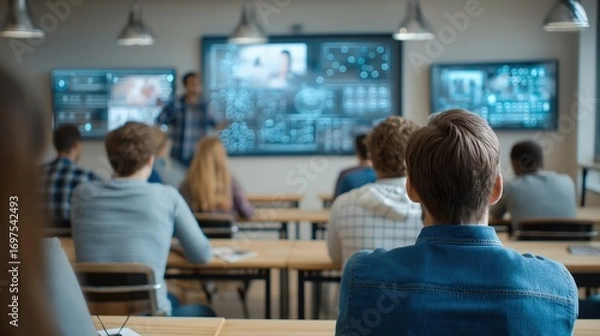 Fototapeta A modern classroom filled with students attentively watching a presentation displayed on multiple digital screens.