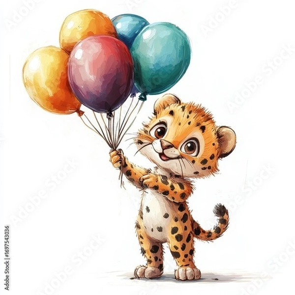 Fototapeta Funny cartoon party cheetah with air balloons isolated over white background. Colorful joyful greeting card for birthday or other festive events. Created with, Generative AI