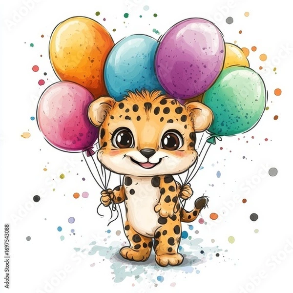 Fototapeta Funny cartoon party cheetah with air balloons isolated over white background. Colorful joyful greeting card for birthday or other festive events. Created with, Generative AI