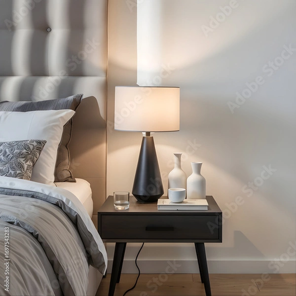 Fototapeta  a modern bedroom scene with a bed and a nightstand. The nightstand has a lamp, decorative vases, and a glass of water on it.