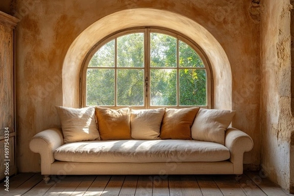 Fototapeta Beige elegant sofa against of arched window near brown stucco wa, Generative AI