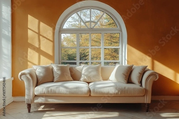 Fototapeta Beige elegant sofa against of arched window near brown stucco wa, Generative AI