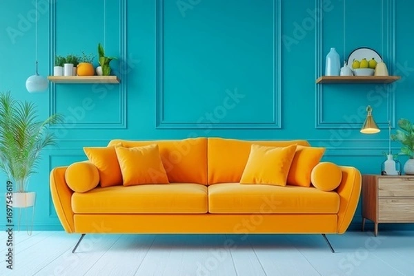Fototapeta Vibrant orange sofa near blue wall with wooden cabinet and shelves. Scandinavian interior design of modern stylish living room. Created with, Generative AI