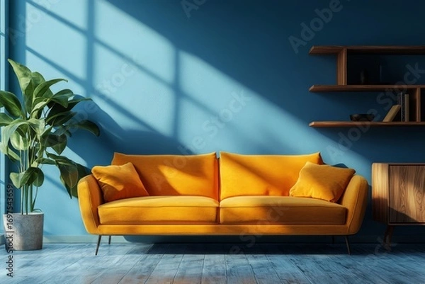Fototapeta Vibrant orange sofa near blue wall with wooden cabinet and shelves. Scandinavian interior design of modern stylish living room. Created with, Generative AI