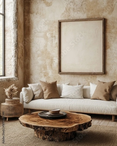 Fototapeta Rustic sofa and live edge coffee table against beige wall with big empty mock up poster frame. Scandinavian home interior design of modern living room in farmhouse, Generative AI