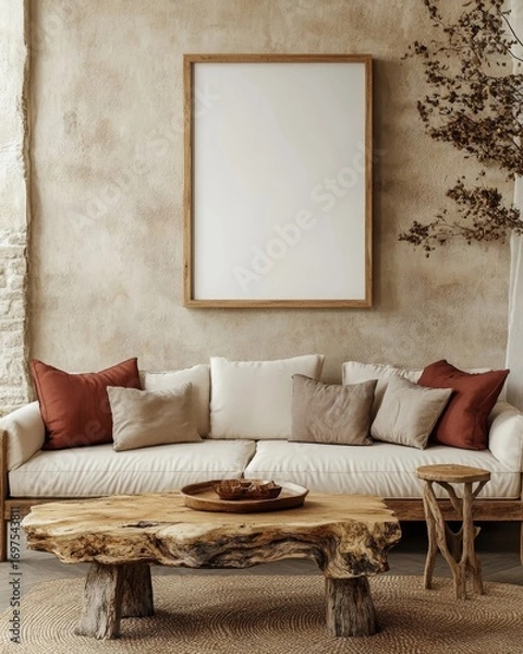 Fototapeta Rustic sofa and live edge coffee table against beige wall with big empty mock up poster frame. Scandinavian home interior design of modern living room in farmhouse, Generative AI